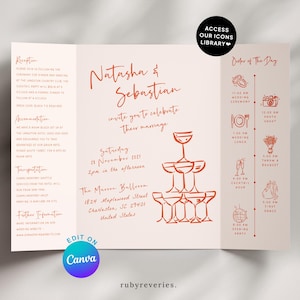 Handgetekende vouwuitnodigingsjabloon, bruiloftsuitnodiging receptiekaart modern roze oranje, grillige uitnodiging doodle QR-code, canva W12