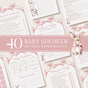 May include: A baby shower games bundle featuring 40 editable games. The design includes pink floral accents, bows, and a watercolor bunny illustration. Game titles include "What Did Daddy Say" and "Baby Predictions".