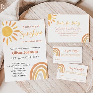 Paquete de invitaciones para baby shower con arcoíris y diseño bohemio Sunshine, Little Ray of Sunshine, conjunto de invitaciones para brunch de bebé, plantilla editable, imprimible para hacer tú mismo