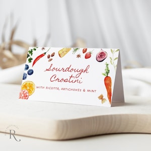Modelo de cartões para feira de produtores, cartões editáveis para buffet de comida, produtos locais, decoração de mesa, frutas, vegetais, frescos do mercado