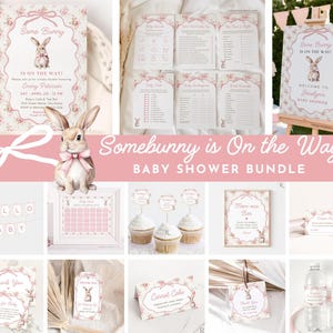 May include: A baby shower bundle with a bunny theme. Includes invitations, games, cupcake toppers, and other decorations. The color scheme is pink and white with floral accents. The text "Somebunny is On the Way" is displayed.