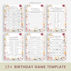 Könnte beinhalten: Ein Satz druckbarer Geburtstagsspielvorlagen mit floralen Designs in Rosa-, Gelb- und Grüntönen. Die Spiele beinhalten "Prompt for Birthday Girl", "Favorite Memory of the Birthday Girl", "Finish the Birthday Girl's Sentences", "Would She Rather", "How Well Do You Know the Birthday Girl" und "Birthday Party Bingo".