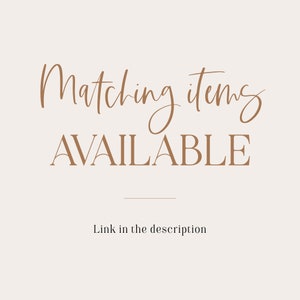 Może przedstawiać: Grafika tekstowa ze słowami "Matching items AVAILABLE" w brązowym kolorze na jasnobeżowym tle. Tekst "Link in the description" znajduje się pod gł&oacute;wnym tekstem.