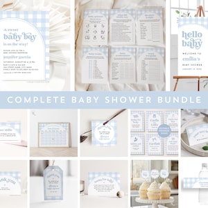 Lot baby shower adorable bébé garçon, Vichy bleu, arche moderne, modèle d'invitation, signe de bienvenue, marque-place, jeux baby shower, enseignes