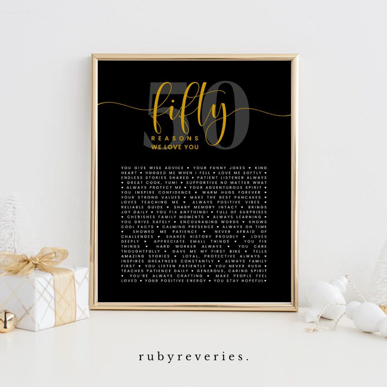 May include: A black and gold printable poster with the text "fifty reasons we love you" and a list of reasons in gold text. The poster is framed in a gold frame.