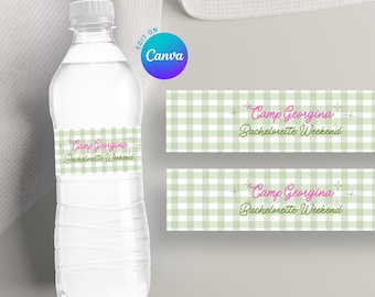 Water Bottle Label Editable Template: Camp Bach Party Favor Canva Printable, Summer Glamping