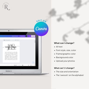 May include: A laptop screen displaying a Canva design template for an 18th birthday. The template features the word "eighteen" in a script font and a list of text that can be customized. The text on the screen reads "What can I change?" and lists several options, including "All text", "Font style, size, color", "Frame/graphic color", "Background color", and "Upload your photos". The text also reads "What can't I change?" and lists two options: "The size and orientation" and "The 'swoosh' on the alphabet".