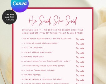 He Said She Said Bridal Shower Game: Editable DIY Template (5x7, Digital Download)