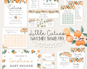 Twins Baby Shower Invitation Bundle: Orange Citrus Two Little Cuties (Editable Canva Template, Digital Download)