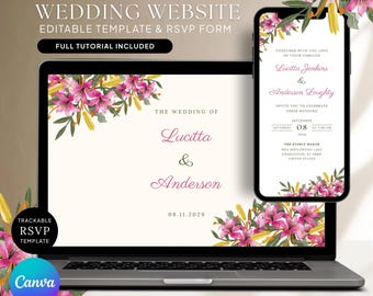 Editable Wedding Website Invitation Template with RSVP: Custom Website, Lily Flower Pink