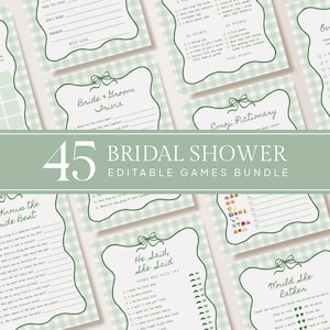 May include: A collection of printable bridal shower game cards featuring a light green gingham pattern, dark green scalloped borders with bow accents, and text including Bride & Groom Trivia, Emoji Pictionary, and He Said, She Said.
