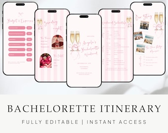 May include: A printable bachelorette party itinerary template with pink and white stripes. The template includes sections for budget, schedule, and accommodation. The text on the template reads "Angela's Bachelorette Weekend".
