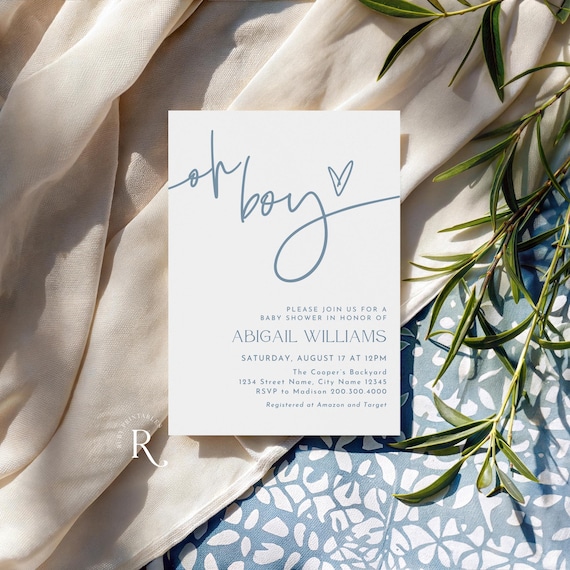 Oh Boy Blue Baby Shower Invitation Template: Modern Minimalist (Editable in Canva, Digital Download)