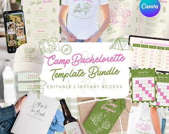 Camp Bachelorette BUNDLE Itinerary: Hiking Forest Cabin Weekend Invitation, Editable Template