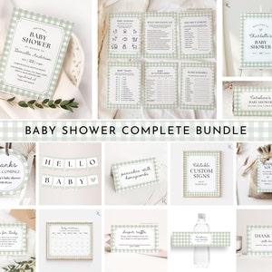 Sage Green Gingham Baby Shower Complete Bundle, Invitation Bundle, Editable Baby Shower Games, Welcome Sign Template, Tag, Label, Place Card