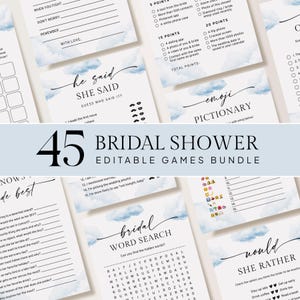 May include: A set of printable bridal shower games with a watercolor background featuring blue clouds. The games include "He Said, She Said", "Who Knows the Bride Best", "Bridal Word Search", "Emoji Pictionary", and "Would She Rather".
