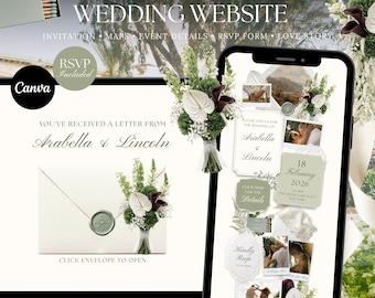 Wedding Website Template with RSVP Form: Editable Invitation Custom Canva, White Sage Green