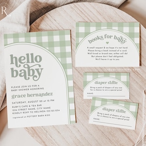 Paquete de invitaciones para baby shower con cuadros vichy verde salvia, invitación para baby shower, plantilla editable, rifa de pañales, libro para bebé, tarjeta de agradecimiento, arco