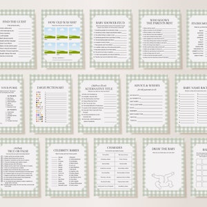 May include: A set of printable baby shower game cards with a green and white gingham pattern. The cards feature various games such as "Find the Guest", "How Old Was She?", "Baby Shower Feud", "Who Knows the Parents Best", "Finish the Movie", "Your Purse", "Emoji Pictionary", "Alternative Baby Title", "Advice & Wishes", "Baby Name Race", "True or False", "Celebrity Babies", "Charades", "Draw the Baby", and "Baby Bingo".