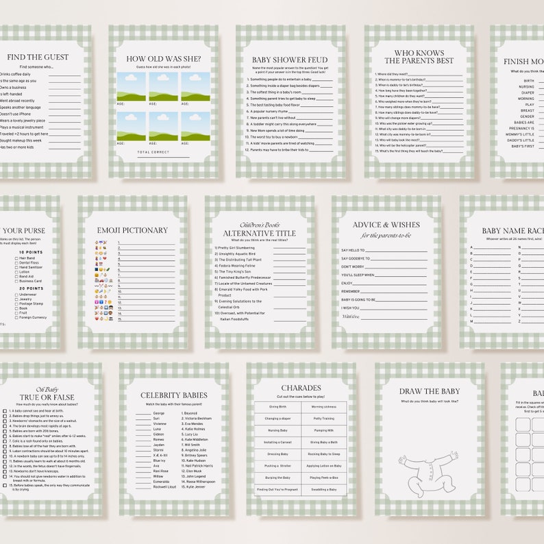 May include: A set of printable baby shower game cards with a green and white gingham pattern. The cards feature various games such as "Find the Guest", "How Old Was She?", "Baby Shower Feud", "Who Knows the Parents Best", "Finish the Movie", "Your Purse", "Emoji Pictionary", "Alternative Baby Title", "Advice & Wishes", "Baby Name Race", "True or False", "Celebrity Babies", "Charades", "Draw the Baby", and "Baby Bingo".