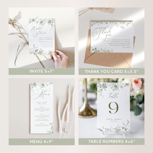 May include: Set of printable wedding stationery with a green floral design. Includes a 5x7 inch invitation, a 5x3.5 inch thank you card, a 4x9 inch menu, and a 4x6 inch table number card. The design features a delicate green floral pattern with a handwritten font.