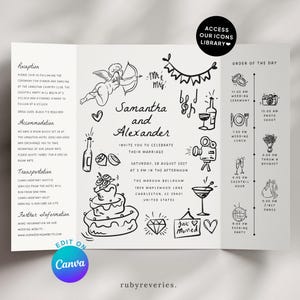 Handgetekende vouwuitnodiging sjabloon, bruiloft uitnodiging receptie kaart taart drankje, grillige tijdlijn uitnodigen QR-code, Canva Edit W11