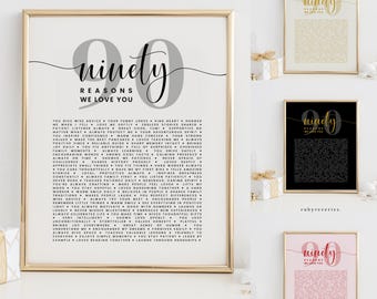 90 Things We Love About You Template, 90 Reasons We Love You, DIY Birthday Gift, Ninety Birthday Party Decoration Sign, for Mom Dad, BA61