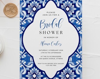 Mediterranean Blue Tile Bridal Shower Invitation Template (Digital Download)
