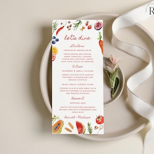 Menusjabloon boerenmarkt, bewerkbaar dinermenu, Let's Dine, feest, vers van de markt, lokaal geteelde babyshower, fruit, groenten
