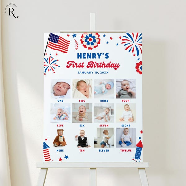 Patriotic First Birthday Photo Board Template (Digital Download)