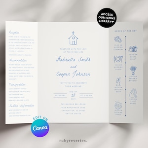 Modèle d'invitation gatefold dessiné à la main, faire-part de mariage bleu carte de réception chapelle moderne, ligne du temps fantaisiste inviter code QR, toile W10
