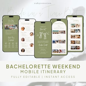 Può includere: Un modello di itinerario mobile per un weekend di addio al nubilato, visualizzato su cinque smartphone. Gli schermi presentano dettagli dell'evento, foto e il testo "A Bride in a Tiny Bit". Il design è nei toni del verde e del bianco, con caratteri eleganti.