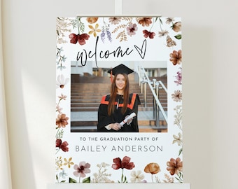 Wildflower Graduation Welcome Sign, Graduation Welcome Sign with Photo, Floral Welcome Sign, Graduation Party Decor, Editable Template