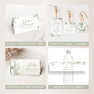 May include: Printable bridal shower templates with a green floral design. Includes place cards, favor tags, chocolate bar wrappers, and water bottle labels. The text on the labels reads "Haley's Bridal Shower" and "Samantha's Bridal Shower".