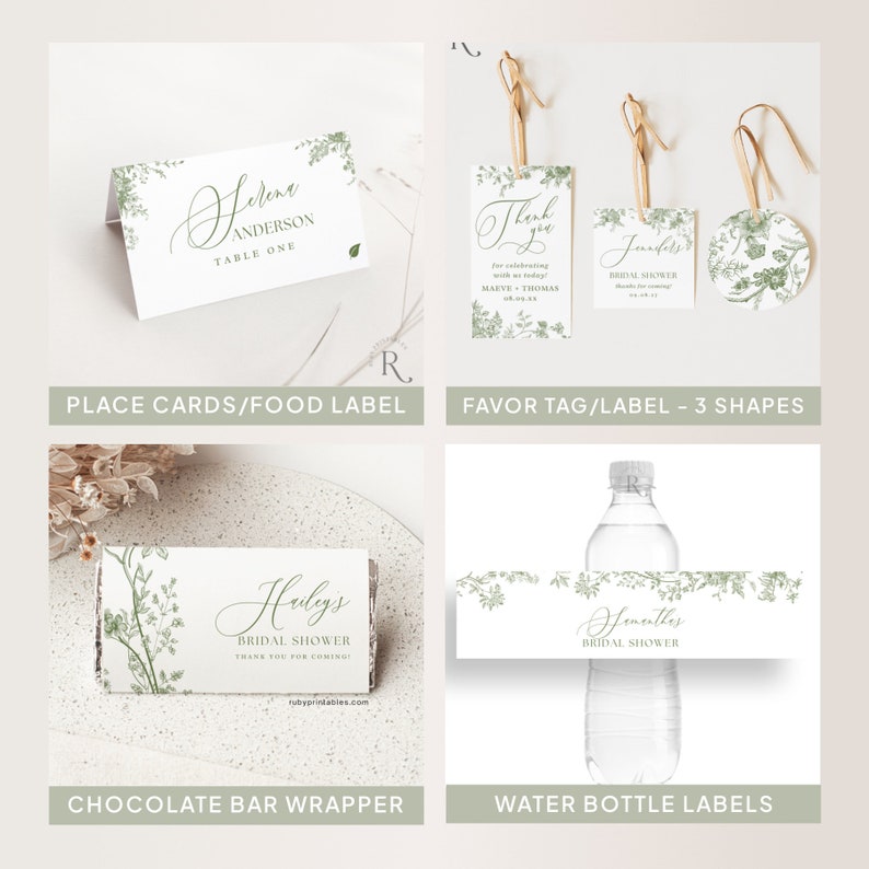 May include: Printable bridal shower templates with a green floral design. Includes place cards, favor tags, chocolate bar wrappers, and water bottle labels. The text on the labels reads "Haley's Bridal Shower" and "Samantha's Bridal Shower".