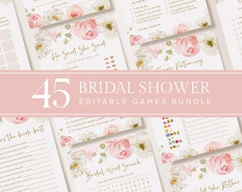 May include: A set of 45 printable bridal shower games with a pink floral design. The games include "He Said, She Said", "Who Knows the Bride Best", "Bridal Word Search", "Would She Rather", and "Emoji Pictionary".