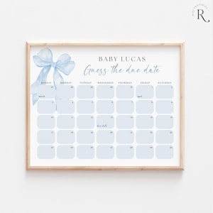 Blue Bow Baby Due Date Calendar, Game Template Printable, Baby Boy, Blue Ribbon, Coquette Aesthetic Bow