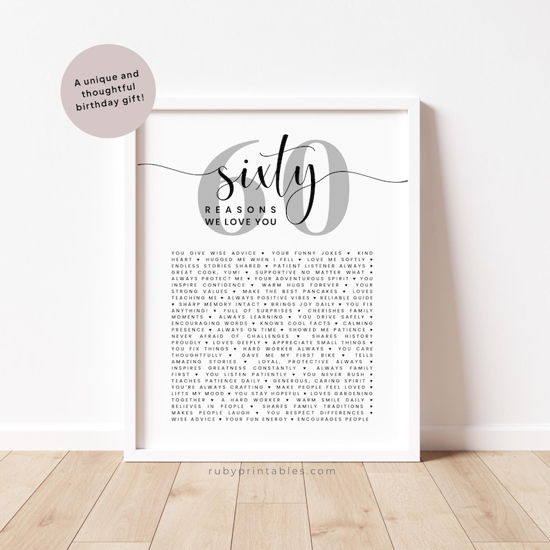 Op de afbeelding: Een printbare poster met een grijs en zwart ontwerp. De poster toont het getal zestig in een groot, decoratief lettertype met de woorden "zestig redenen waarom we van je houden" eronder. De poster somt zestig redenen op waarom iemand van een ander persoon zou kunnen houden, zoals "je geeft goede raad", "je grappige grappen", "een goed hart" en "een geduldige luisteraar".