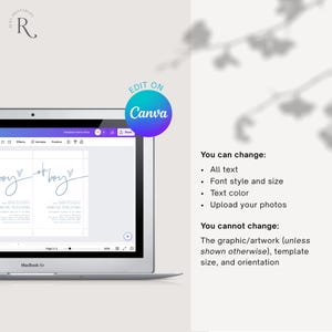 May include: A laptop screen displays a baby shower invitation template with the words "oh boy" in cursive. The screen has a Canva edit button. Text on the right side explains what can and cannot be changed in the template.