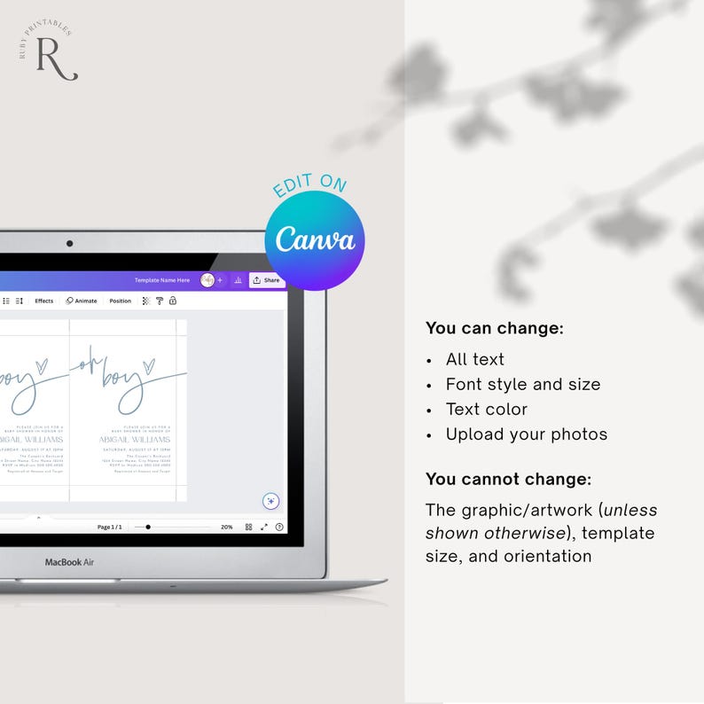 May include: A laptop screen displays a baby shower invitation template with the words "oh boy" in cursive. The screen has a Canva edit button. Text on the right side explains what can and cannot be changed in the template.
