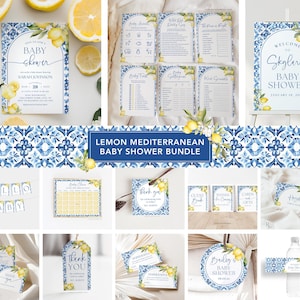 Puede incluir: Un conjunto de papelería para baby shower con temática de limón y Mediterráneo. El paquete incluye invitaciones, juegos, tarjetas de agradecimiento y señalización. Los diseños presentan patrones de azulejos azules y blancos e ilustraciones de limones.