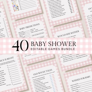Editable Baby Shower Games Bundle, Pink Gingham, Fun Printable Games Templates, Mommy or Daddy, Baby Bingo, Would She Rather