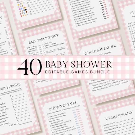 Editable Baby Shower Games Bundle, Pink Gingham, Fun Printable Games Templates, Mommy or Daddy, Baby Bingo, Would She Rather