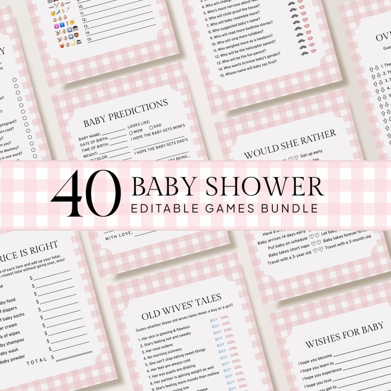 Puede incluir: Un conjunto de 40 juegos de baby shower imprimibles en un patr&oacute;n de cuadros rosa y blanco. Los juegos incluyen "Predicciones de beb&eacute;", "&iquest;Qu&eacute; preferir&iacute;a?", "Cuentos de viejas", "El precio es correcto" y "Deseos para el beb&eacute;".