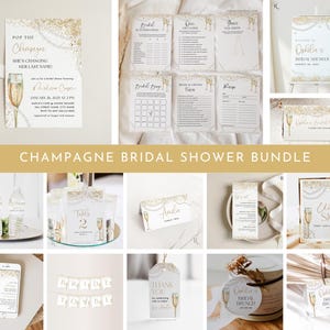 Könnte beinhalten: Ein Champagner-Brautduschen-Paket mit goldenen Glitzer- und Champagnerglas-Akzenten. Das Paket beinhaltet Einladungen, Spiele, Tischnummern, Geschenkanhänger und ein Willkommenszeichen. Der Text auf dem Willkommenszeichen lautet "Willkommen zur Brautdusche von Oplilie".