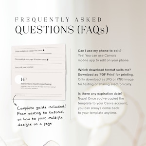 May include: A white and gray printable guide with frequently asked questions about printing multiple designs on a page. The guide includes instructions for Mac and Windows users, as well as information about editing the template and downloading the file in different formats. The text "Hi! Thank you so much for purchasing" is included in a circle.