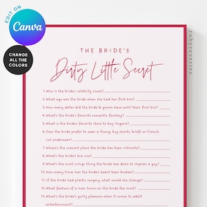 May include: A pink bridal shower game card with the text "The Bride's Dirty Little Secret" in cursive. The card includes fill-in-the-blank questions about the bride's preferences and secrets. The Canva and rubyreveries. logos are visible.