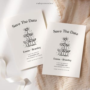 Wedding Save The Date Invitation Template Editable Modern Hand Drawn Champagne Tower Illustration Quirky Whimsy, Template Save Our Date W6