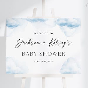 Placa de boas-vindas editável para chá de bebê, modelo de pôster de decoração para chá de bebê, estamos nas nuvens, ela está nas nuvens, céu azul