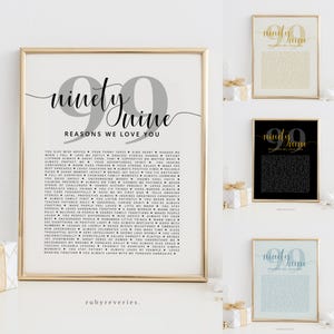 Modello "99 cose che amiamo di te", 99 motivi per cui ti amiamo, regalo di compleanno fai da te, decorazione per la festa di novantanove anni per mamma e papà, BA61